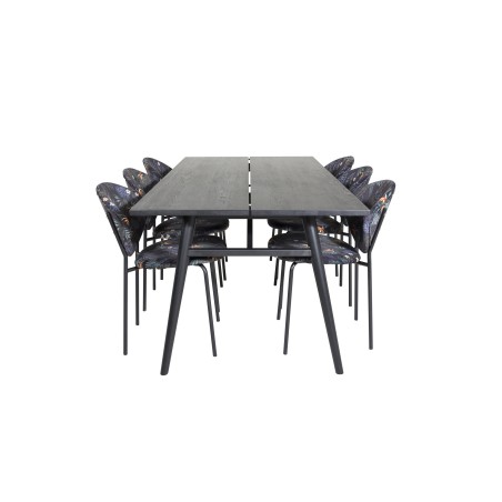 Elegantne pikendatav must harjatud söögilaud– 195*95+ Vault söögitoolid – mustad jalad – musta lilleprindiga kangas_6
