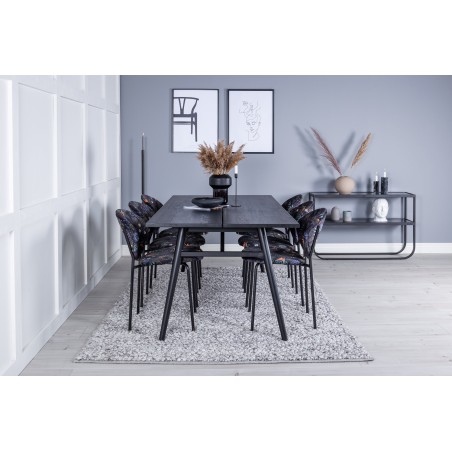 Elegantne pikendatav must harjatud söögilaud– 195*95+ Vault söögitoolid – mustad jalad – musta lilleprindiga kangas_6