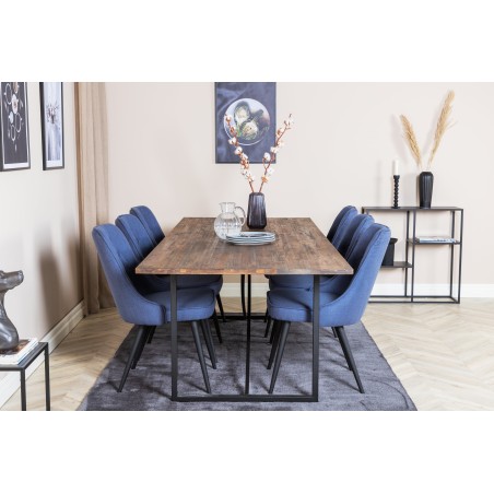Söögilaud Padang – 250*100*H76 – tume tiikpuu/must+velvet Deluxe söögitoolid – mustad jalad – sinine kangas_6