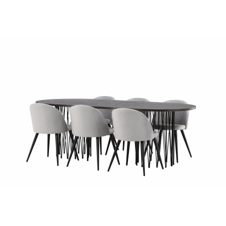 Kivist ovaalne söögilaud - must / Mocca spoon + sametist söögitoolid - helehall / must _6