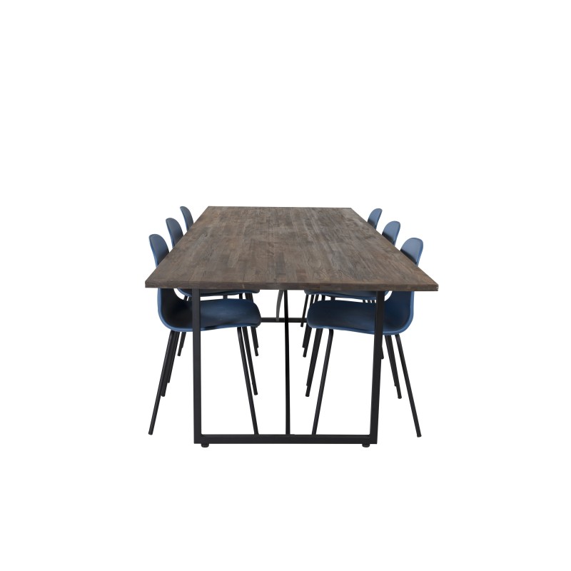 Söögilaud Padang – 250*100*H76 – tume tiikpuu/must+arktiline söögitool – mustad jalad – sinine plastik_6
