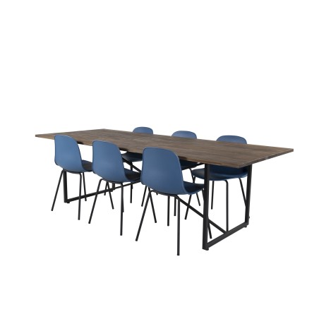 Söögilaud Padang – 250*100*H76 – tume tiikpuu/must+arktiline söögitool – mustad jalad – sinine plastik_6
