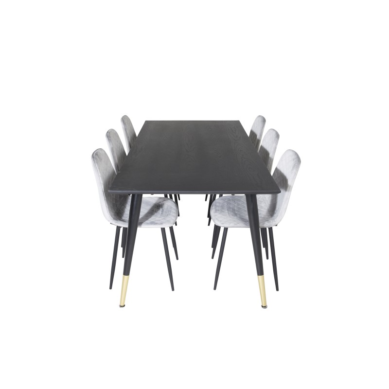 Dipp söögilaud - 180*90cm - must / must messing + Polar Diamond söögitool - mustad jalad - hall Velvet_6
