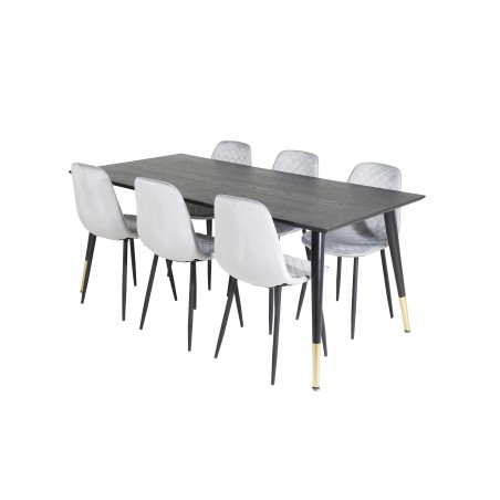 Dipp söögilaud - 180*90cm - must / must messing + Polar Diamond söögitool - mustad jalad - hall Velvet_6