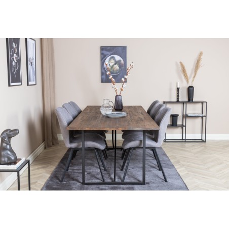 Söögilaud Padang – 250*100*H76 – tume tiikpuu/must+Gemma söögitool – mustad jalad – hall kangas_6