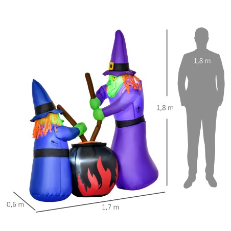 Täispuhutav nõia ja katla figuur – LED-valgustusega Halloweeni-kaunistus, polüester, 170 x 60 x 180 cm