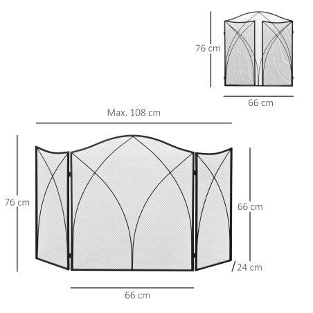 Kaminasirm sädemekaitsega, kolmeosaline, metallraam, pinnakattega viimistlus, 108 x 2 x 76 cm, must