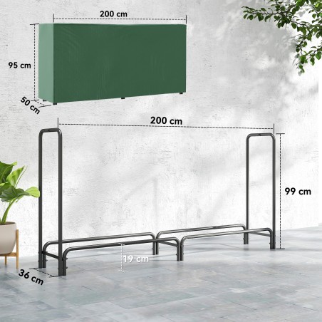 Küttepuude riiul, 0,6 m³, kattega, pulbervärvitud metall, kandevõime kuni 200 kg, must/tumeroheline