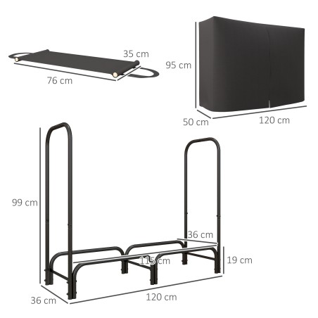 Küttepuude hoidik, 0,33 m³, koos kandekoti ja kattega, metallraam, kandevõime kuni 150 kg, 120 x 36 x 99 cm, must