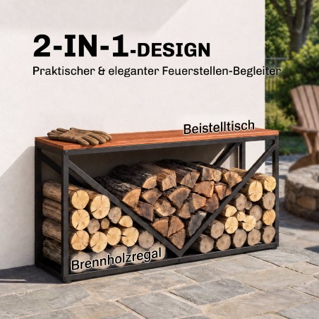 2-ühes küttepuuriiul siseruumidesse (98 x 28 x 50 cm) – kõrgendatud küttepuualus koos riiuli, vaheosa ja abilauaga