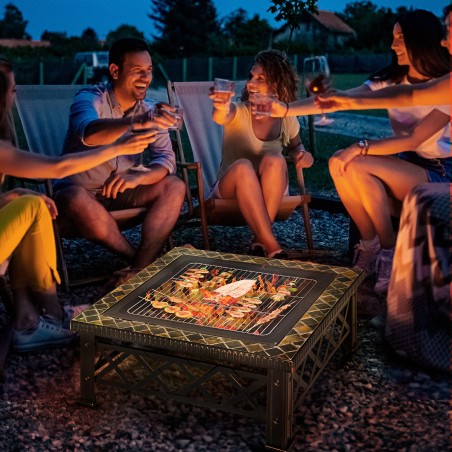 Kolm-ühes lõkkealus grillresti, sädemekaitse ja jääämbriga, 76 × 76 × 47 cm
