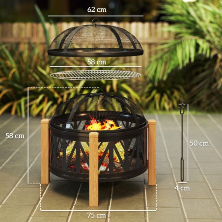 Must 2-ühes lõkkealus sädemekaitse, pokkeri ja grillrestiga, Ø75 × 58 cm
