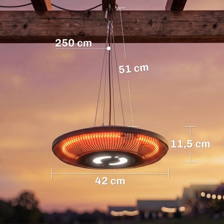 Riputatav 2000 W süsinikelemendiga infrapuna-laesoojendi LED-valgustuse, puute- ja kaugjuhtimise ning kahe kütterežiimiga