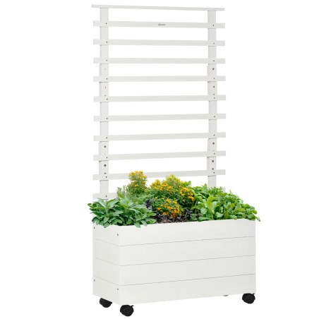 Valge puidust taimekast võrega ja 4 rattaga 76 × 30 × 155 cm