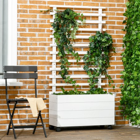 Valge puidust taimekast võrega ja 4 rattaga 76 × 30 × 155 cm