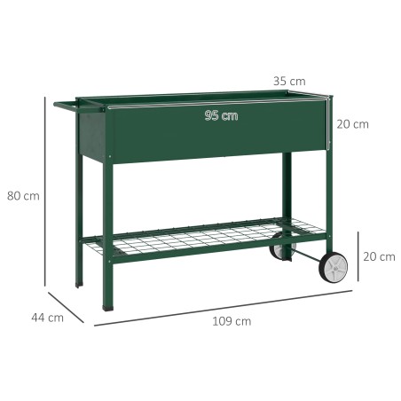 Ratastega kõrgpeenar ja istutuskast riiuliga, 109 × 44 × 80 cm, roheline