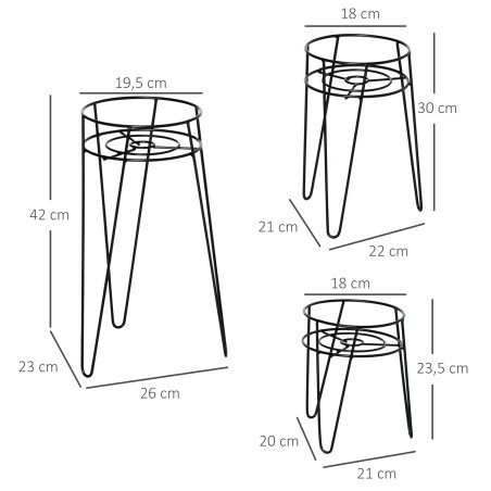 3-osaline metallist lillealuste komplekt, must, kuni Ø16 cm pottidele