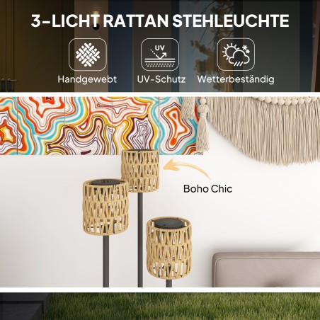 Valgusanduriga rotangist päikeseenergial töötav põrandalamp – 3 valgusrežiimi, boho-stiil, IP44, Ø 37 x 144 cm (kõrgus)