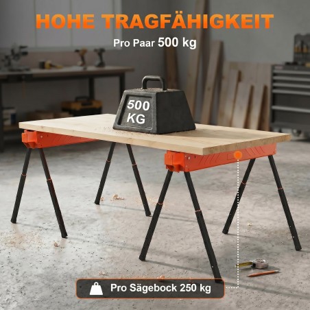 Saepuksid (2 tk komplekt), kokkupandavad töölaua saepuksid kõrgusega reguleeritavate jalgadega, 2x4 tugi, kandekäepide, oranž