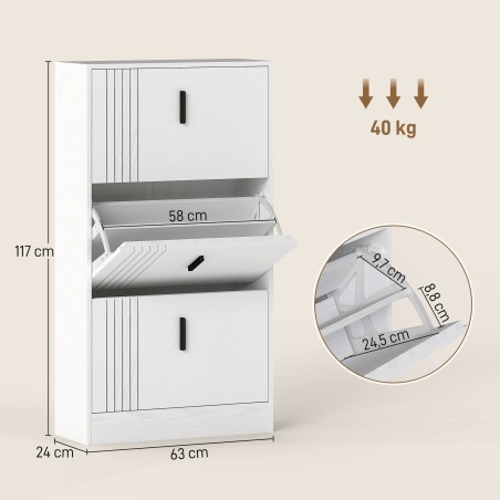 Valge jalanõukapp kuni 18 paarile jalanõudele, kolm allapoole avanevat sahtlit ja reguleeritavad riiulid