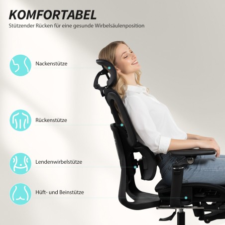 Ergonoomiline kontoritool reguleeritava nimme- ja peatoe ning jalatoega