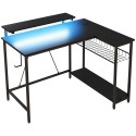 Pööratav L-kujuline LED-arvutilaud pistikupesade, USB-pesade ja riiuliga, must