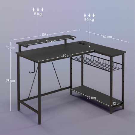 Pööratav L-kujuline LED-arvutilaud pistikupesade, USB-pesade ja riiuliga, must