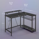Pööratav L-kujuline LED-arvutilaud pistikupesade, USB-pesade ja riiuliga, must