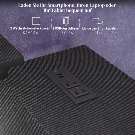 Pööratav L-kujuline LED-arvutilaud pistikupesade, USB-pesade ja riiuliga, must