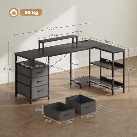 L-kujuline kirjutuslaud, ümberpaigutatav nurgalaud sahtlite ja riiulitega, 170 cm, must