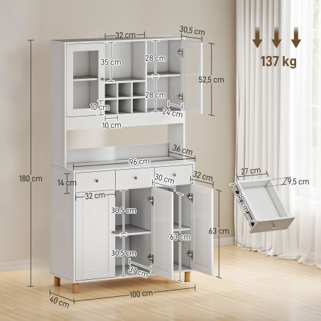 180 cm köögikapp 2 klaasukse, 3 sahtli ja 4 reguleeritava riiuliga, valge
