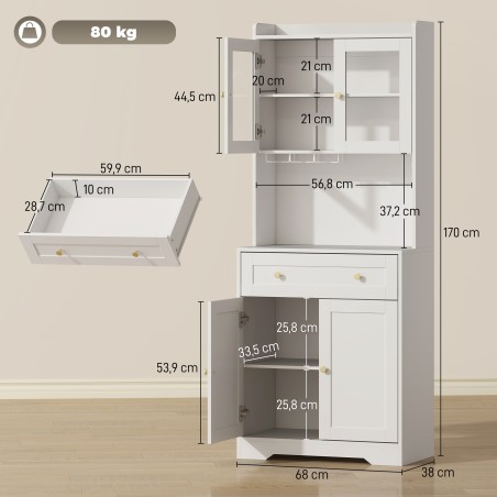 Tööpinnaga köögikapp, millel on veiniklaasihoidik ja panipaik, sobib kööki või söögituppa, 170 cm, MDF, klaas, valge