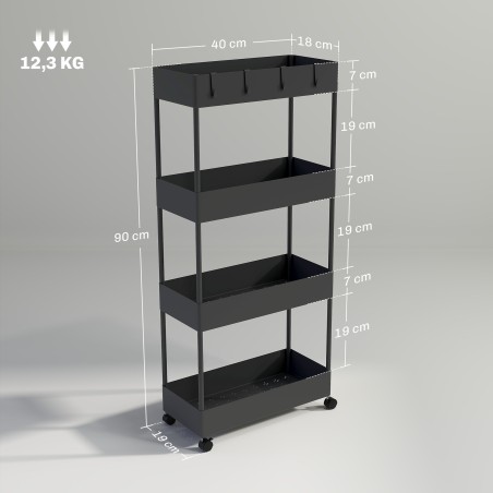 Must nišiköögikäru 4 riiuli, 4 konksu ja 4 rattaga, 40 × 19 × 90 cm