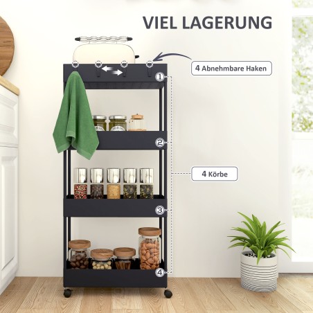 Must nišiköögikäru 4 riiuli, 4 konksu ja 4 rattaga, 40 × 19 × 90 cm