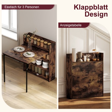 Riiuliga kokkupandav söögilaud, industriaalstiil, ruumisäästlik, väikestesse ruumidesse, 80 x 90 x 93 cm, rustikaalne pruun