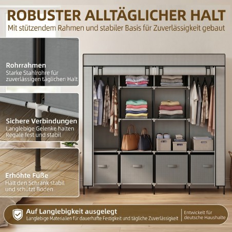 Kangast riidekapp uste, 2 riidepuutoru ja 10 sektsiooniga, hall
