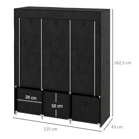 Kokkupandav fliisist riidekapp 3 sahtliga, 125 × 43 × 162,5 cm, must