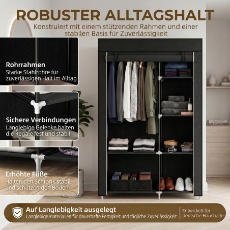 Kangast riidekapp 6 riiuli ja 1 riidepuutoruga, must