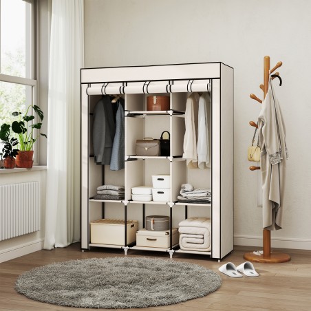 Kangast riidekapp, hoiustamislahendus, 8 riiulit, 2 riidepuutoru, kreemjasvalge