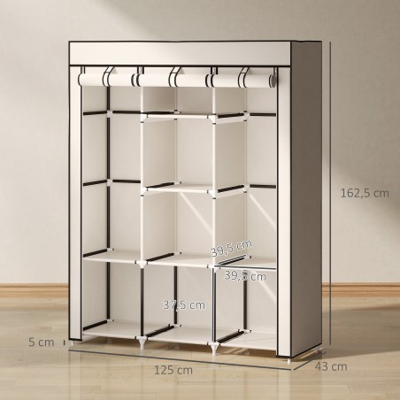 Kangast riidekapp, hoiustamislahendus, 8 riiulit, 2 riidepuutoru, kreemjasvalge