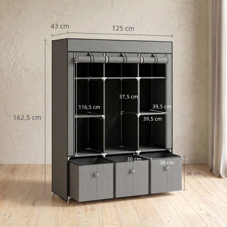 Kokkupandav kangast riidekapp 3 sahtliga, hall, 125 × 43 × 162,5 cm