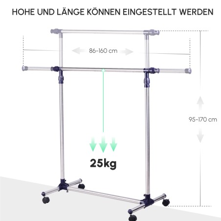 Ratastega reguleeritava ja pikendatava riidepuutoruga riidenagi, roostevaba teras, 86 × 45 × 95 cm