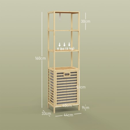 Vannitoariiul pesukorvi ja 3 riiuliga, bambusraam, 44 × 33 × 160 cm