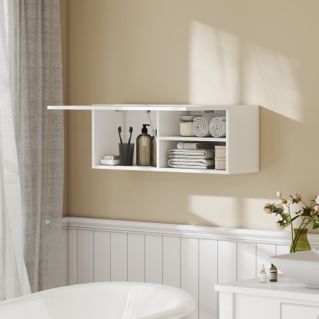 Ülespoole avaneva ukse, gaasiamordi ja riiuliga vannitoakapp – 80 x 25 x 30 cm – valge