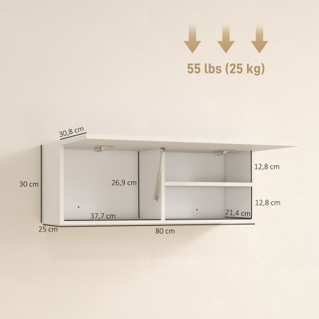 Ülespoole avaneva ukse, gaasiamordi ja riiuliga vannitoakapp – 80 x 25 x 30 cm – valge
