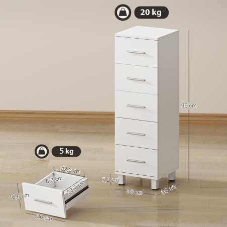 Vannitoakapp – kitsas 5 sahtliga vannitoakapp – 30 x 30 x 95 cm – valge