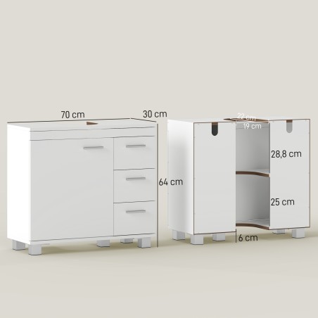Valamu-aluskapp, 2 riiulit, 3 sahtlit, MDF-konstruktsioon, valge