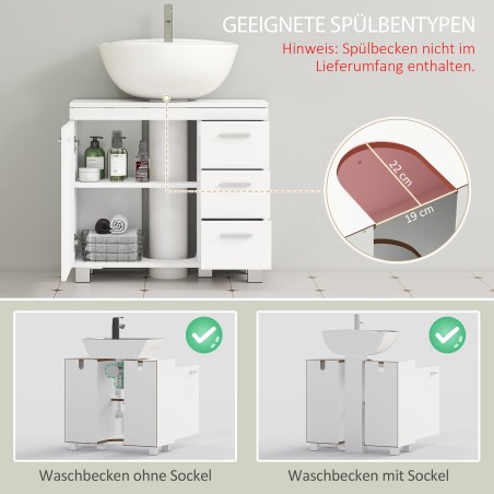 Valamu-aluskapp, 2 riiulit, 3 sahtlit, MDF-konstruktsioon, valge
