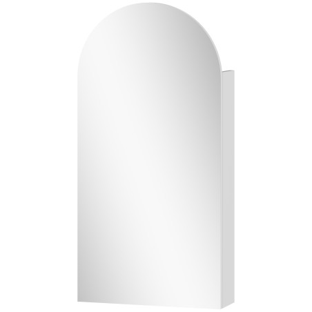 Valge vannitoa peegelkapp, millel on raamita kaarjas peegel ja reguleeritavad klaasriiulid.