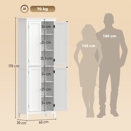 170 cm kõrgune vannitoakapp – kitsas eraldiseisev reguleeritavate riiulitega kapp, sobib ka pesuruumi